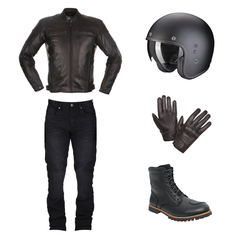 Cruiser/chopper outfit met lederen motorjas, zwarte motorjeans, mat zwarte jethelm, lederen handschoenen en motorlaarzen