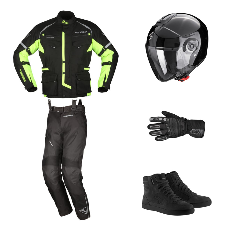 Commuter outfit met motorjas, motorbroek, maxi-jethelm, motorhandschoenen en comfortabele motorsneakers